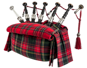 Scottish bagpipes with tartan bag and drone pipes, isolated on a transparent background