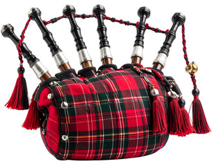 Scottish bagpipes with tartan bag and drone pipes, isolated on a transparent background