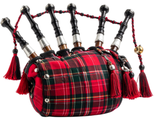 Scottish bagpipes with tartan bag and drone pipes, isolated on a transparent background