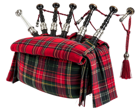 Scottish bagpipes with tartan bag and drone pipes, isolated on a transparent background
