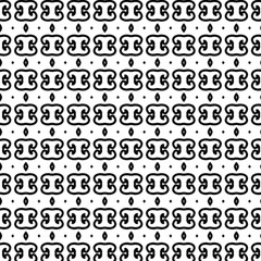 Seamless black and white symmetrical tile pattern with ornamental loops and dots. Ideal for textile, print, or wallpaper.