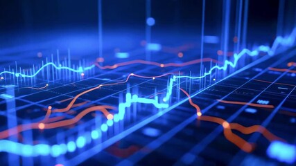 Abstract visualization of financial data trends with blue and orange lines on a digital graph background - Powered by Adobe