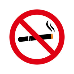 No smoking sign with a black cigarette and a red circle prohibition symbol. Warning concept. Vector icon for public place, notice.