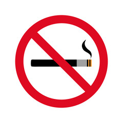 No smoking sign with a cigarette and smoke. Prohibition ban warning icon symbol in a red circle. Flat style vector illustration for public place, health.
