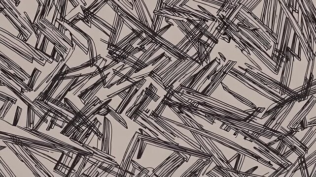 Ultra fine graphite scribbles zip parchment tone backdrop intersecting exploding layered textures that continuously redraw selves high resolution K loop injects hand sketched energy any collage