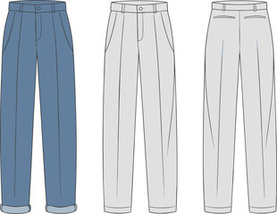 CAD drawing flat vector illustration of men's pants front and back views for fashion design, apparel templates and garment production