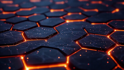 Futuristic hexagonal network with bright connections, dark blue and orange accents