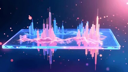 Abstract visualization of sound waves represented by colorful peaks on a digital screen, showcasing technology - Powered by Adobe
