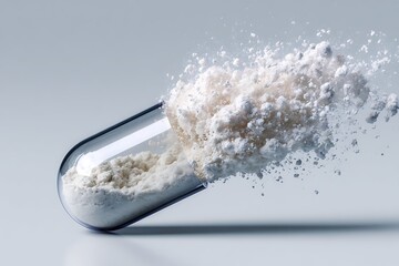 An opened capsule with powder spread out looks interesting and is suitable for advertising a dietary supplement.