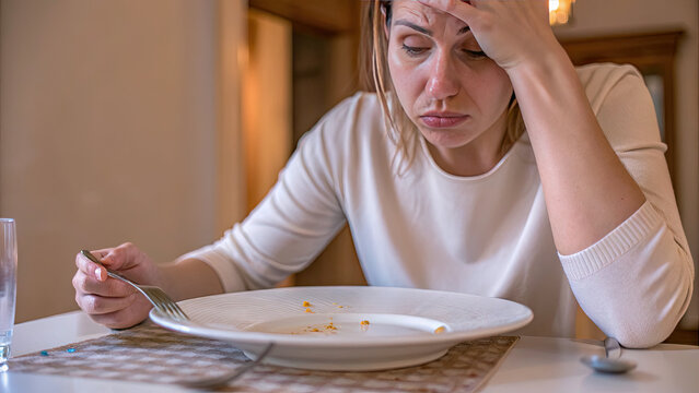 Woman showing no appetite from anorexia or food poisoning concept. Woman feeling frustrated while staring at an empty plate.