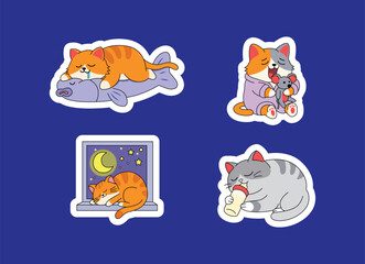 Four cartoon cats depicted in various sleepy scenarios: resting on a fish, hugging a toy, sleeping by a window, and drinking milk.