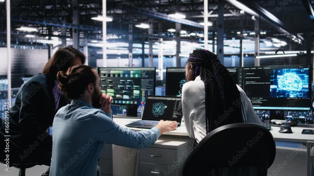 Fototapete teamworking data center technicians using machine learning algorithms to analyze large datasets. ser
