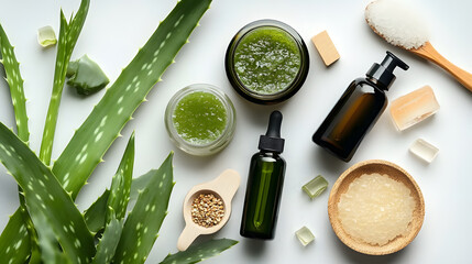 Aloe vera skincare products with natural ingredients and fresh leaves create soothing and refreshing vibe