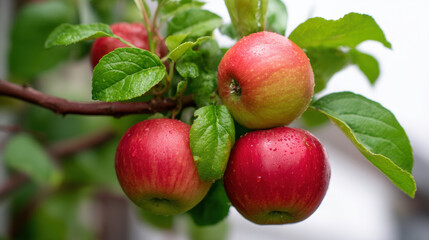 Obraz premium Fresh red apples with water droplets hang on a leafy branch, showcasing natural ripeness and vibrant green foliage.