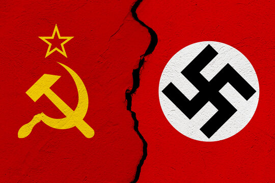 The flags of the Union of Soviet Socialist Republics URSS and German Third Reich into a grunge cracked wall