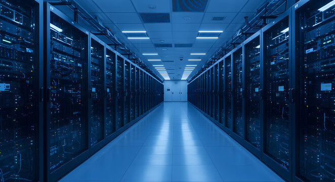 Data center server room with rows of rack servers