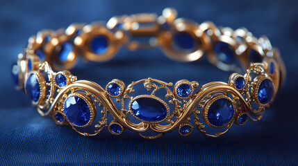 Obraz premium Elegant gold bracelet adorned with blue sapphire stones, showcasing intricate design on dark blue fabric background