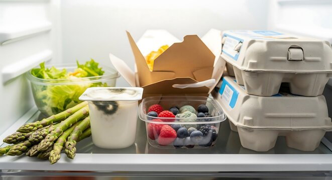 A fridge shelf displays an array of food items, including fresh produce, berries, eggs, and takeout, with a noticeable spot of mold on a yogurt container, highlighting food spoilage.