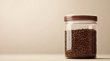 Clear glass jar filled with coffee beans sits on neutral beige background, creating warm and inviting atmosphere