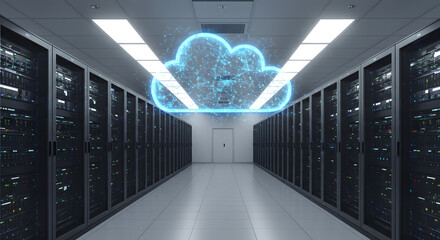 Server room with digital cloud overlay