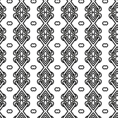 Ornate black and white tribal-style seamless pattern with curvy details and intricate symmetry. Ornate, tribal, pattern, black, symmetrical.