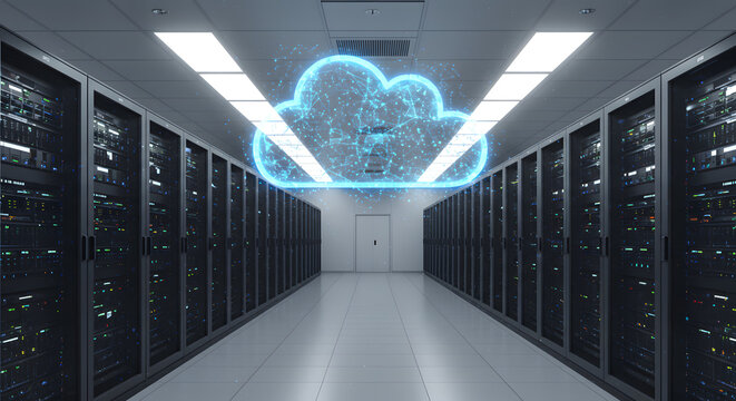 Server room with digital cloud overlay - Powered by Adobe