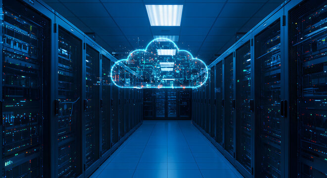 Server room with digital cloud overlay