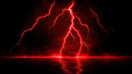 Red lightning strikes over a water surface