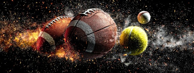 Fiery explosion engulfing American footballs, baseball, and tennis ball against a dark, smoky background