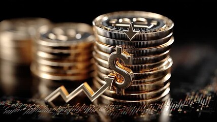 Stacked coins with upward arrows and US dollar symbols representing rising interest rates, economic growth - Powered by Adobe