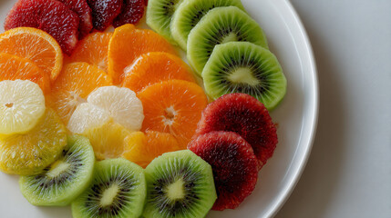 colorful sliced fruits forming a pattern on a white ceramic plate in a minimalist studio