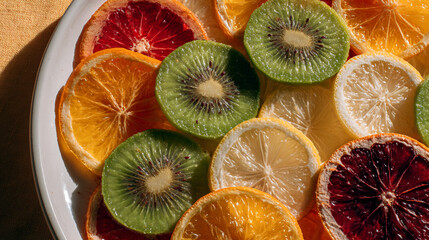colorful sliced fruits forming a pattern on a white ceramic plate in a minimalist studio