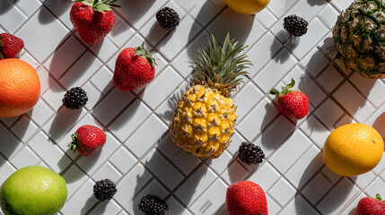 colorful tropical fruits arranged in geometric patterns on a white tiled surface in a bright