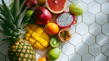 colorful tropical fruits arranged in geometric patterns on a white tiled surface in a bright