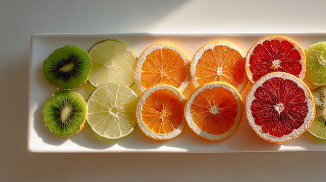 colorful sliced fruits forming a pattern on a white ceramic plate in a minimalist studio - Powered by Adobe