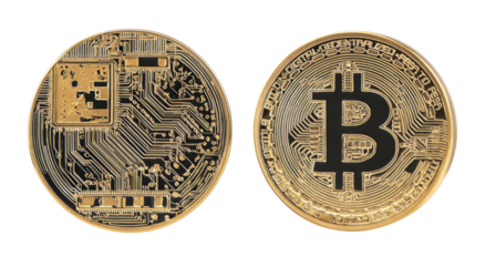 Two golden bitcoin coins, side-by-side
