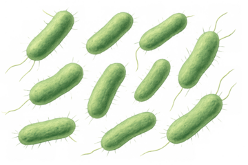 Microscopic green bacteria with flagella propelling through transparent background, revealing dynamic cellular movement