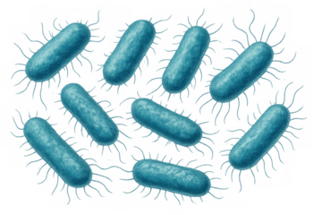 Microscopic view of rod-shaped, flagellated bacteria, possibly escherichia coli or salmonella, against a transparent background