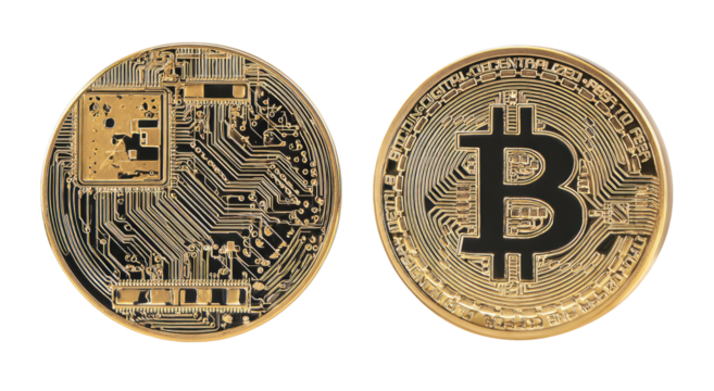 Two golden bitcoin coins, side-by-side