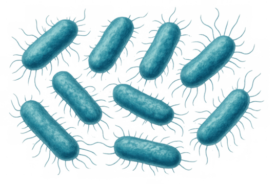 Microscopic view of rod-shaped, flagellated bacteria, possibly escherichia coli or salmonella, against a transparent background