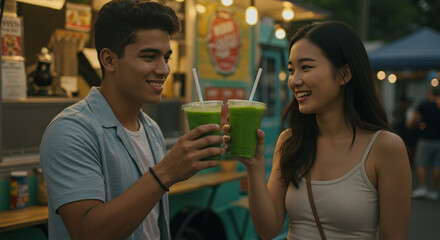 Couple Sharing Smoothies in Front of a FoodTruck