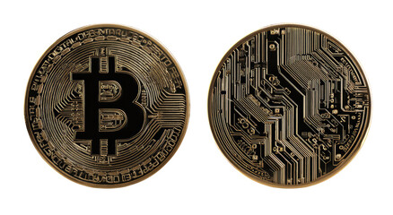 Two digital currency coins, one face showing the iconic "B" logo, the other showcasing a circuit board design