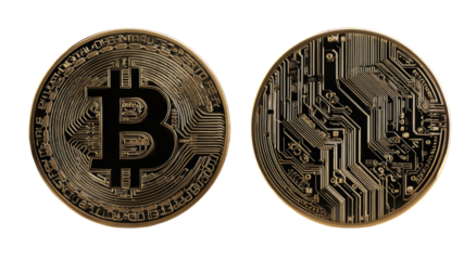 Two digital currency coins, one face showing the iconic "B" logo, the other showcasing a circuit board design