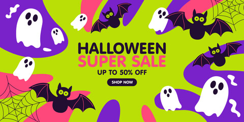 Halloween spooky night sale. Halloween Sale poster template with ghost. Halloween Promotion sale banner design. Halloween Sale concept. Halloween promotion poster. Halloween discount background