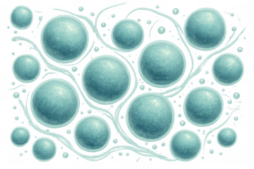 Translucent turquoise spheres swirling dynamically against clear background, representing scientific visualization with fluid motion
