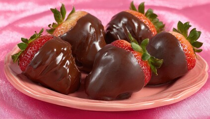 Chocolate-covered strawberries on a pink plate