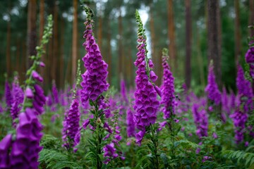 Fototapeta premium Area of flowering toxic purple foxglove in the woods