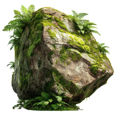 ultra-detailed jungle rock surrounded by green moss and ferns isolated on transparent background