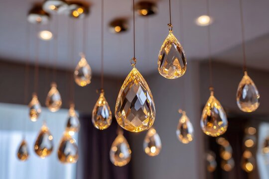 Crystal teardrop lights hang from ceiling