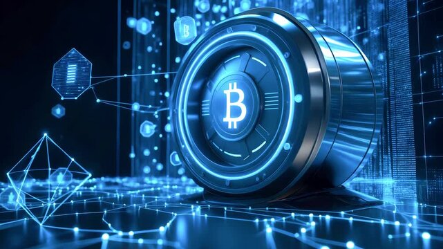 Futuristic digital vault symbolizing cryptocurrency security with glowing Bitcoin logo and data streams